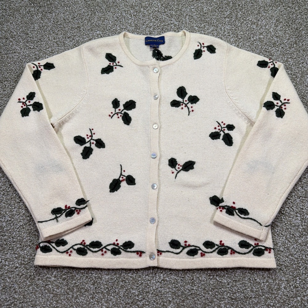 Vintage Holly Berry Lambswool Cardigan Size Large 90s Charter Club